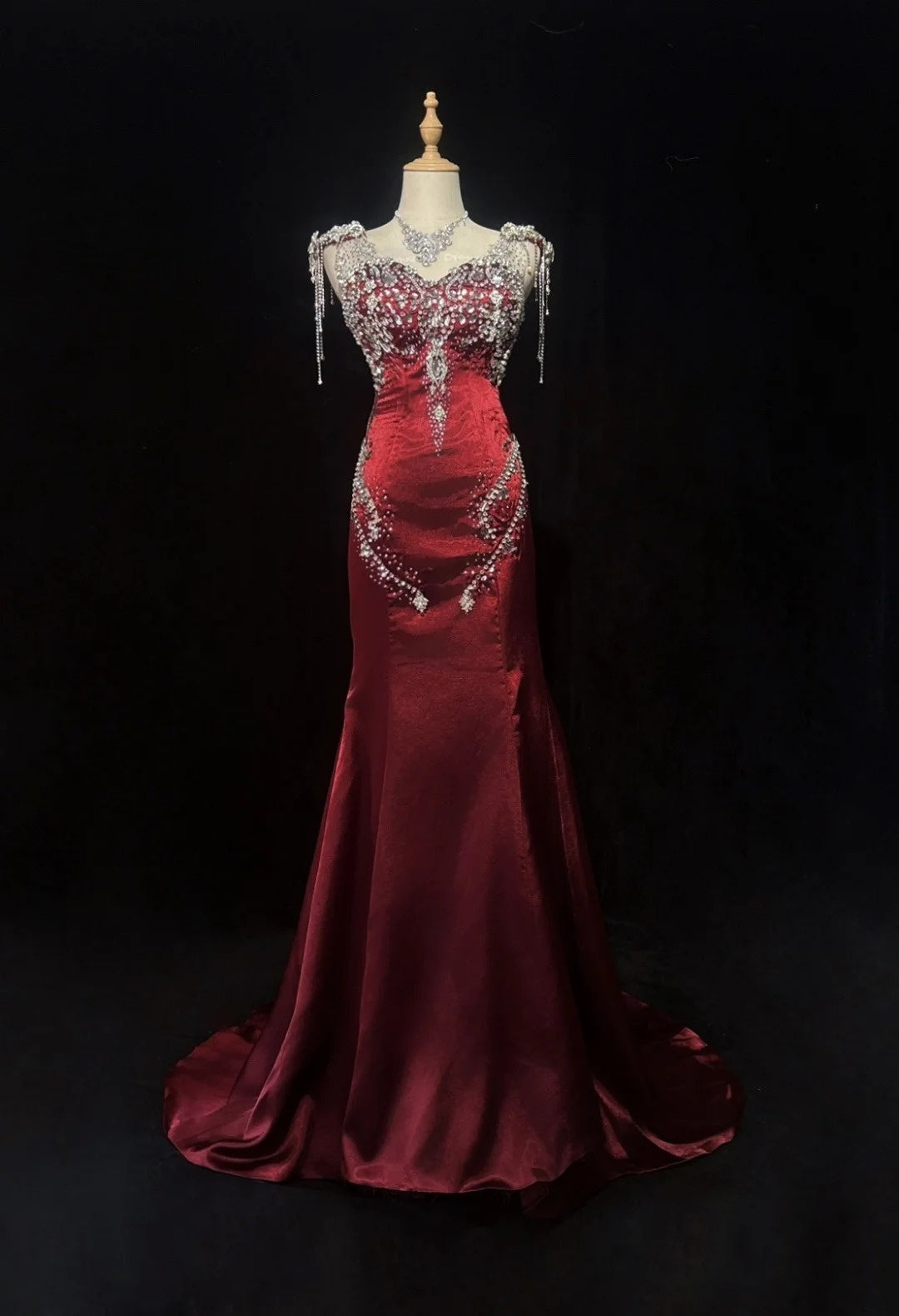 Vintage Prom Dresses 80s Mermaid Straps Burgundy Satin Long With Silver Beading Evening Formal Outfits RB5135