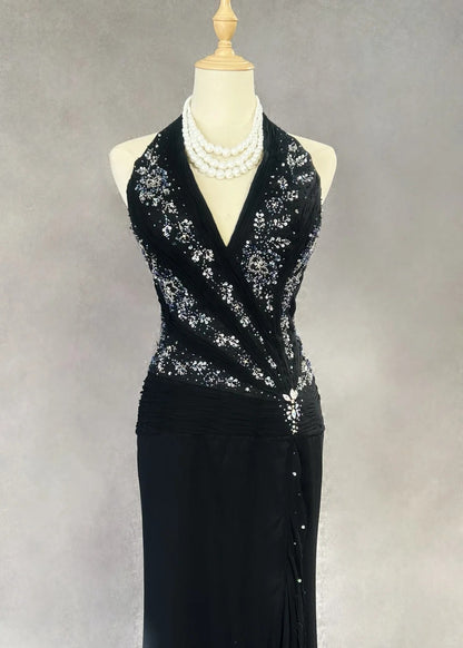 Bescheidene Abschlussballkleider Meerjungfrau Neckholder Schwarze Krawatte Chiffon mit Perlen Abendkleid N3858