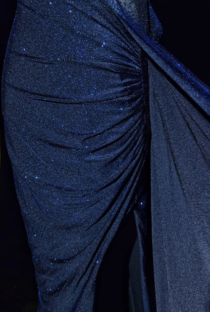 Robes de Bal Vintage Années 90 Sirène Asymétrique Bleu Marine Pailletée Dos Nu Longues Tenues de Soirée N3140