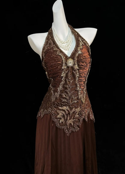 Vintage Prom Dresses 80s A Line Halter Chocolate Satin Long With Beading Evening Formal Outfits RB5137