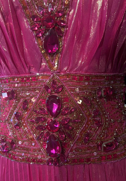 Robes de bal vintage des années 90, ligne A, licou, rose vif avec perles et cristaux, longue robe de bal N3062