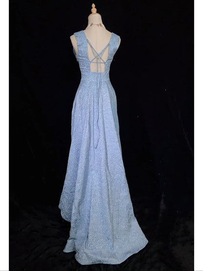 Robes de bal vintage chic asymétriques bleu clair col en V dentelle satinées avec volants robe de soirée longue N3299