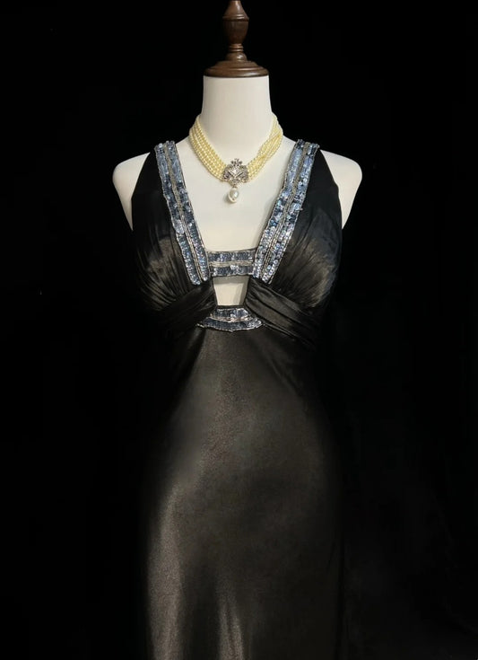 Vintage Prom Dresses Mermaid V Neck 90s Satin With Beading Long Black Tie Formal Party Dress N2509