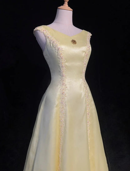 Robes de bal vintage des années 50, rétro chic, coupe trapèze, encolure dégagée, tenues de soirée en satin jaune avec écharpe N3011