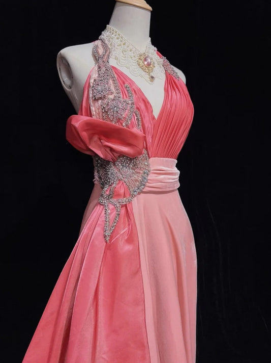 Vintage Prom Dresses A Line Halter Coral Pink Lace With Ruffles Chiffon Long Formal Dress N2499