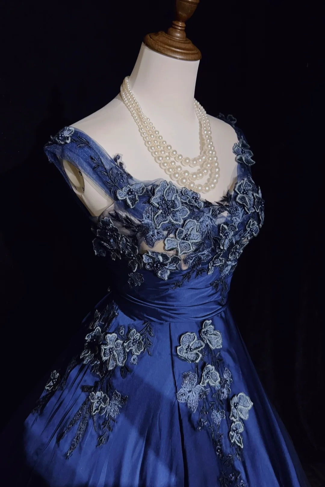 Robes de bal vintage pour le bal, bustier, en satin bleu marine avec applications, robe de soirée longue des années 90, N2658