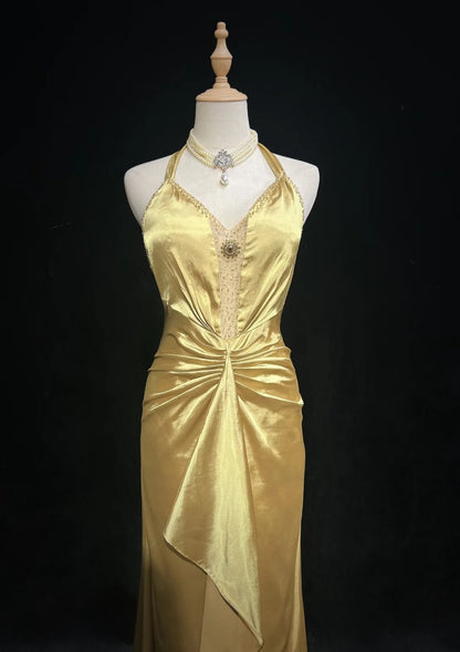 Vintage High Low 2000er A-Linie Neckholder Gold Mit Falten Formales Kleid Lange Ballkleider N2585