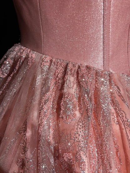 Hübsches Ballkleid Spaghettiträger Rosa Pailletten mit 3D Blumen Tüll Kurze Mini-Heimkehrkleider N2527