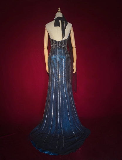 Funkelnde Abschlussballkleider Inspo Meerjungfrau 90er Neckholder Dunkelmarineblau mit Perlen für Damen Ballkleid N3273