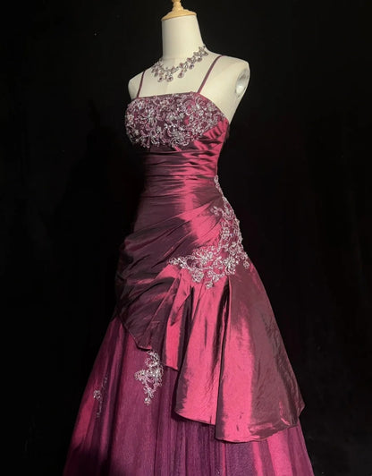 Vintage Abschlussballkleider Ballkleid Spaghettiträger Fuchsia Ärmellos Taft 90er Langes Abendkleid N2878