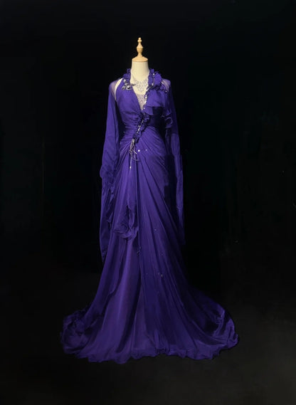 Vintage Abschlussballkleider Meerjungfrau V-Ausschnitt Lila Chiffon mit Rüschen Langem Abschlussballkleid N3110 im Stil der 1960er Jahre