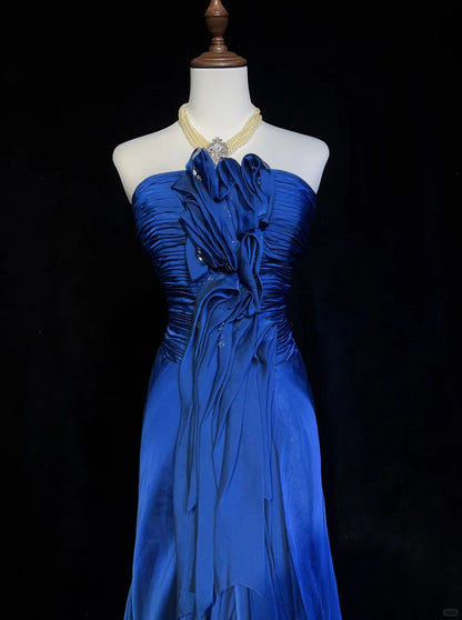 Inspiration Robes de bal vintage Sirène Bretelles fines Bleu roi Volants Années 80 Longue robe de soirée N2744