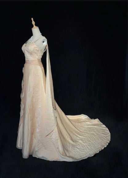 Vintage Abschlussballkleider A-Linie Spaghettiträger Champagner mit langen Ärmeln 90er Abendkleid N3001