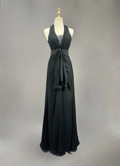 Vintage Prom-Kleider A-Linie Neckholder Schwarz Chiffon Perlenstickerei 1970er Jahre Langes Abendkleid N2619