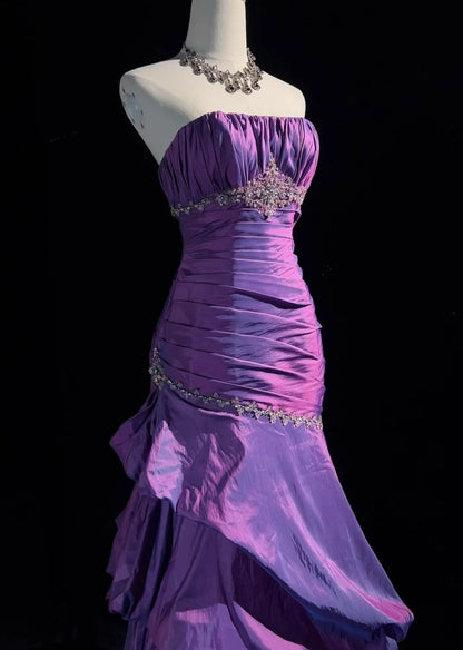 Robes de bal vintage sirène bustier en taffetas violet avec perles, longue robe de soirée années 80 N2625