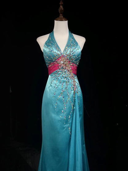 Robes de bal modestes d'inspiration sirène col en V bleu Tiffany avec perles pour femmes robe de soirée formelle N3240