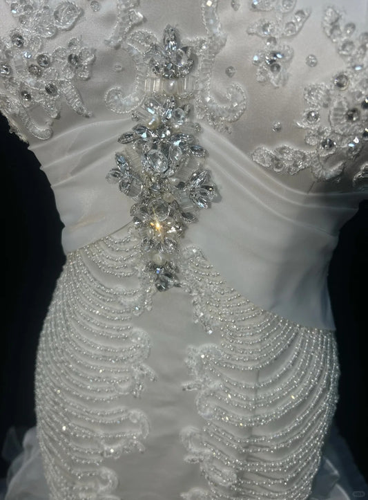 Vintage 90s Wedding Dresses Mermaid V Neck Tiered Layers White Beading Summer Garden Long Bridal Gown N3826