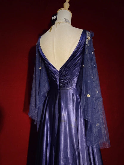 Robes de bal vintage, inspiration ligne A, empire, col en V, satin bleu marine années 90 avec manches, robes de soirée N3314
