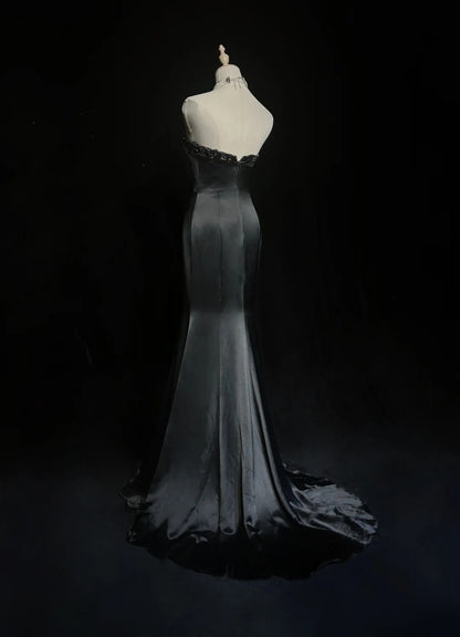 Robes de bal vintage sirène bustier satin noir perlé longue robe de soirée N2507