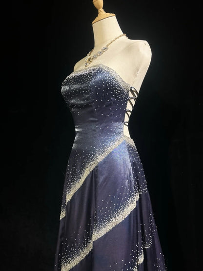 Beautiful Prom Dresses A line Strapless Navy Blue With Beaded Backless Long Formal Evening Outfits N3675