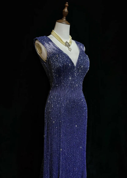 Robes de bal vintage sirène col en V bleu royal années 90 avec perles dos nu longue robe de soirée formelle N2505