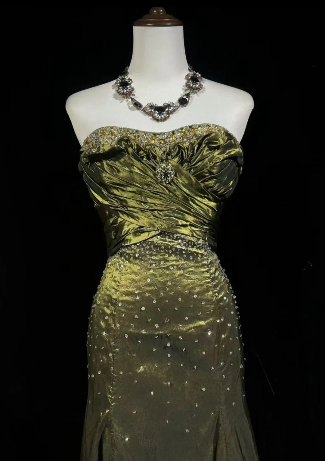 Vintage Prom Dresses 80s Mermaid Sweetheart Olive Green Satin Long With Beading Evening Formal Outfits RB5136
