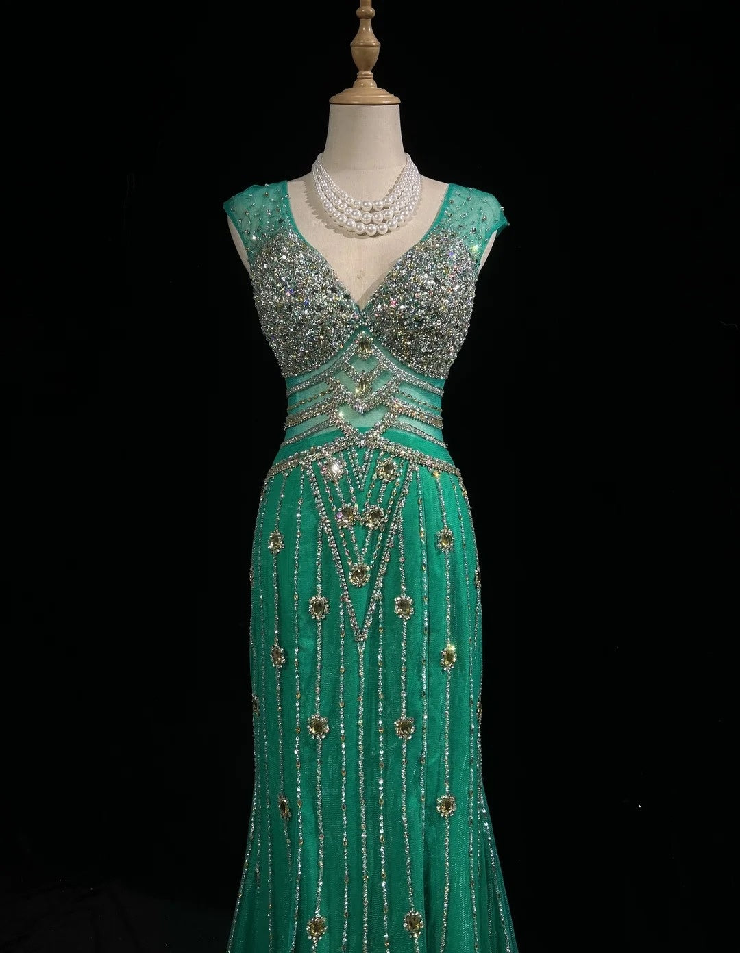 Vintage Sirène Col en V Vert Dos Nu Robes de Soirée Longues de Bal Tenues Formelles RB3941