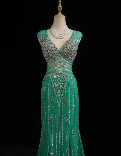 Vintage Sirène Col en V Vert Dos Nu Robes de Soirée Longues de Bal Tenues Formelles RB3941