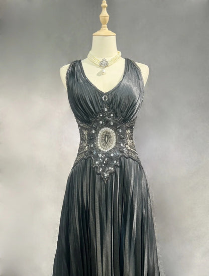 Vintage Abschlussballkleider A-Linie V-Ausschnitt Black Tie Kleid Perlenbesetztes 90er Langes Abendkleid N2652