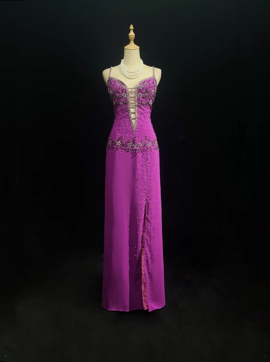 Vintage Prom Dresses A Line Spaghetti Strap Grape Chiffon With Beading Split Long Formal Dress N2456