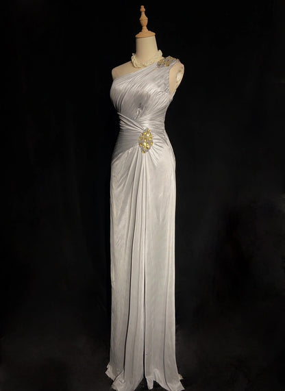 Wunderschöne Abschlussballkleider A-Linie One-Shoulder Silbergrau Lange Formelle Abendkleider N3663