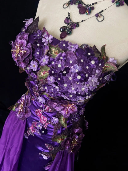 Belles Robes de Bal Sirène Violet Sans Bretelles Tulle avec Fleurs Appliquées Longues Tenues de Soirée N3411