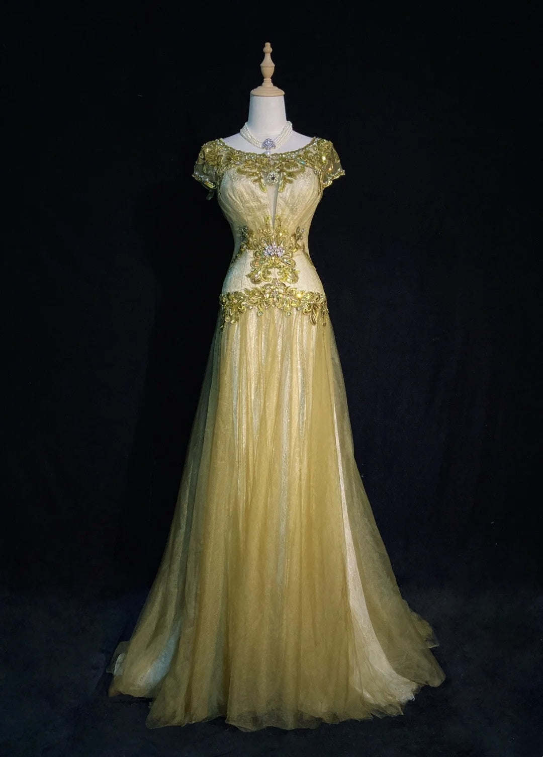 Vintage Abschlussballkleider 90er Meerjungfrau Schmuckausschnitt Goldtüll Mit Perlen Lang Halbformelles Abendkleid N3674