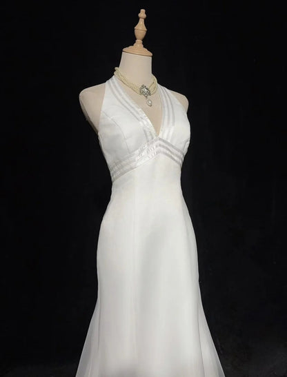 Vintage 20er Brautkleider Meerjungfrau Neckholder Weiß Schlicht Sommer Garten Langes Brautkleid N3702