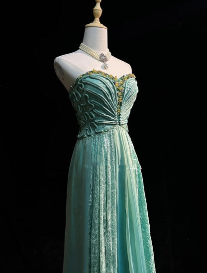 Robe de soirée rétro, robes vintage, bustier coupe A, dentelle verte mousseline perlée, tenues de cérémonie années 90 N2328