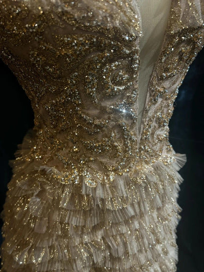 Robes de bal vintage Ligne A Bretelles fines Dentelle dorée Avec manches Robe de soirée formelle années 80 RB3268