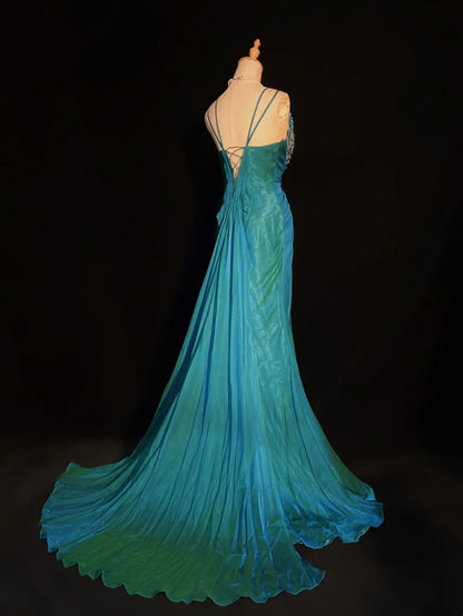 Robes de bal modestes sirène col en V bleu mousseline corsage dos nu robes de soirée formelles longueur ras du sol N3483