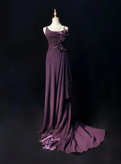 Elegante Ballkleider A-Linie Lila Chiffon Rüschen Bodenlang Formelle Abendoutfits N3488