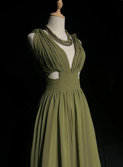 Vintage Prom Dresses A line V Neck Olive Green With Ruffle Chiffon Floor Length 80s Formal Gown N2586