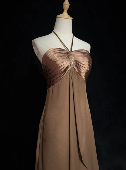 Vintage Prom Dresses A-Linie Neckholder Braun Ärmellos Chiffon 80er Jahre Langes Abendkleid N2759