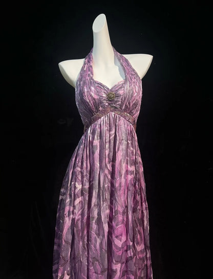 Vintage Prom Dresses 1960s A line Halter Sleeveless Pink Lace Long Evening Formal Outfits RB5143
