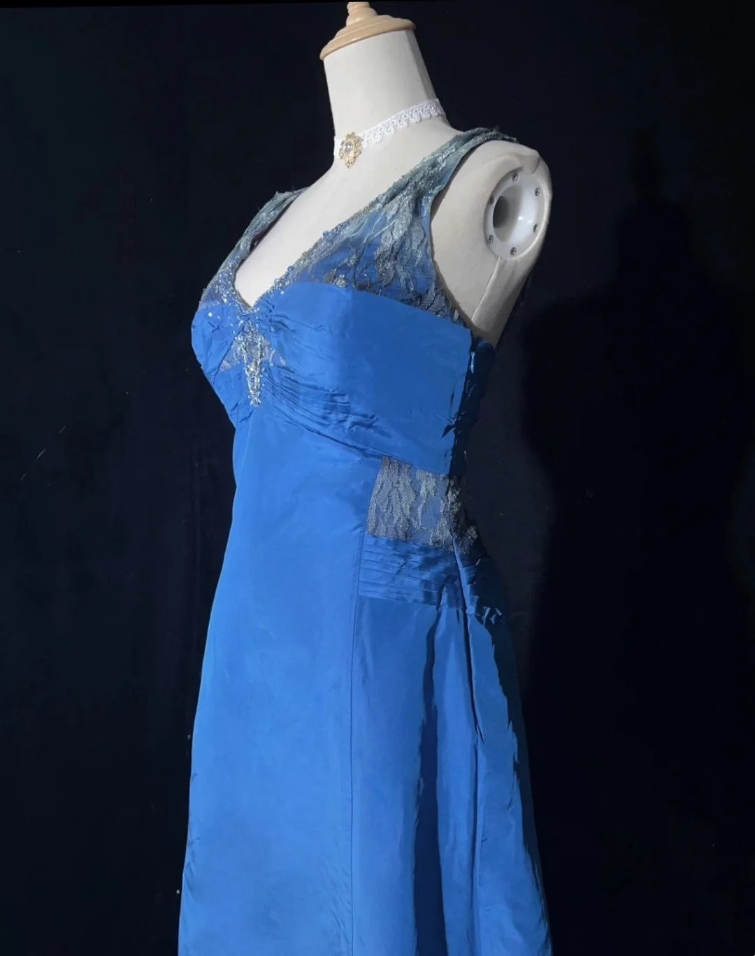 Robes de bal vintage en satin bleu en dentelle, coupe trapèze, col en V, années 1990, longue robe de soirée N2644