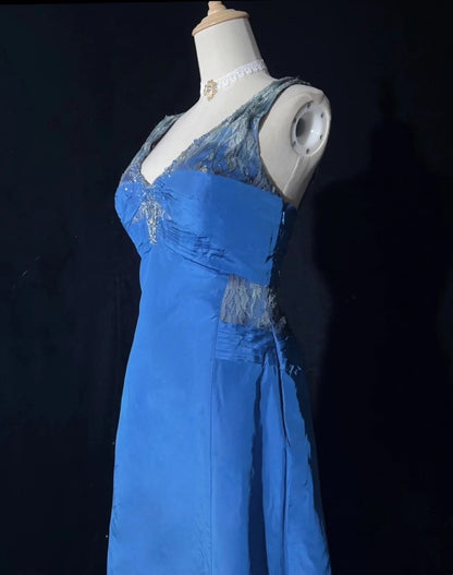 Robes de bal vintage en satin bleu en dentelle, coupe trapèze, col en V, années 1990, longue robe de soirée N2644