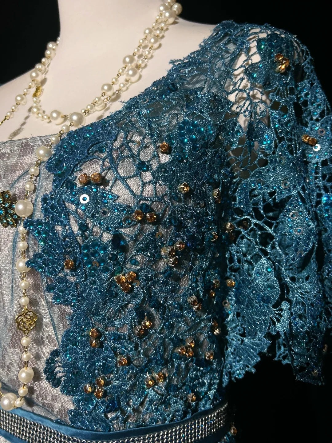 Vintage Ballkleider Inspo Meerjungfrau Spitze Blau Tüll Spitze 80er mit Applikationen Formelle Kleider N3366