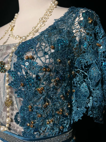 Vintage Ballkleider Inspo Meerjungfrau Spitze Blau Tüll Spitze 80er mit Applikationen Formelle Kleider N3366