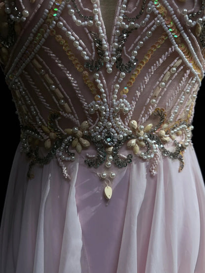 Robes Vintage Esthétique Bal de Promo Trapèze Bijoux Perles Rose Chiffon avec Perles Longue Robe de Soirée N3033