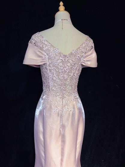 Vintage Abschlussballkleider Inspo Meerjungfrau schulterfrei rosa Satin 80er mit Spitze Abendkleider N3374