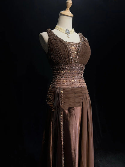 Robes de bal vintage sirène en mousseline de soie chocolat col en V avec perles longue robe de soirée N2453