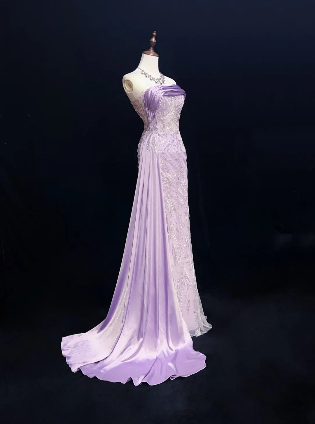 Vintage Ballkleider Inspo Meerjungfrau Trägerlos Lila Pailletten Mit Schlitz Perlen 80er Jahre Langes Abendkleid N2742