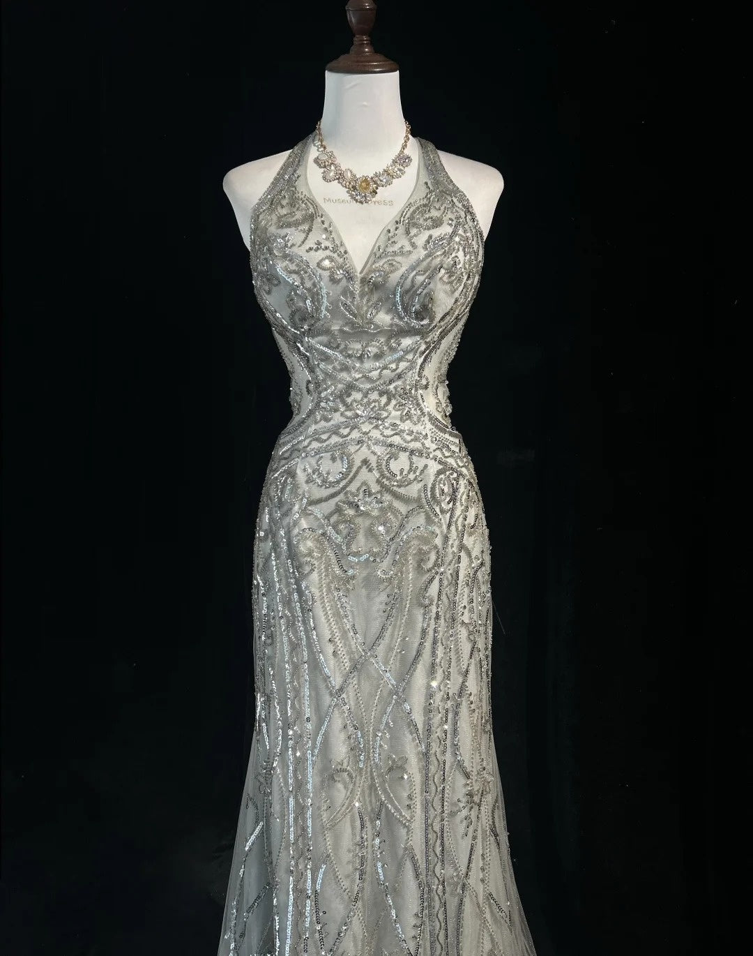 Robes de bal vintage, inspiration sirène, dos nu, col montant, sequin argenté, années 80, robes de soirée N3369